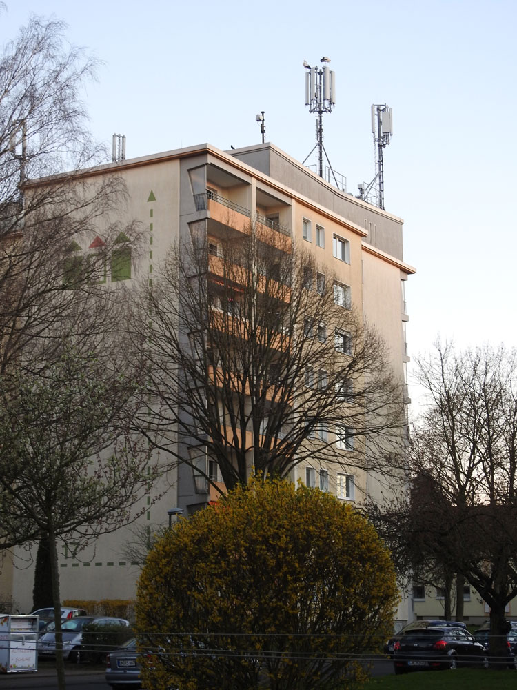 Die beiden Weißstörche auf dem Antennenmast des Hochhauses, Lünen 27.03.2017 Foto: Frederik Bartsch